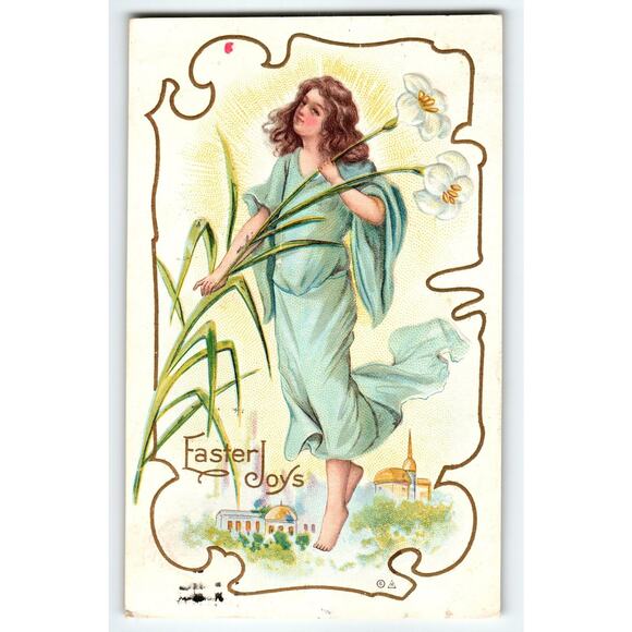Vintage 1911 Easter Postcard Angel with Lilies Flowers Embossed Design - Picture 1 of 2